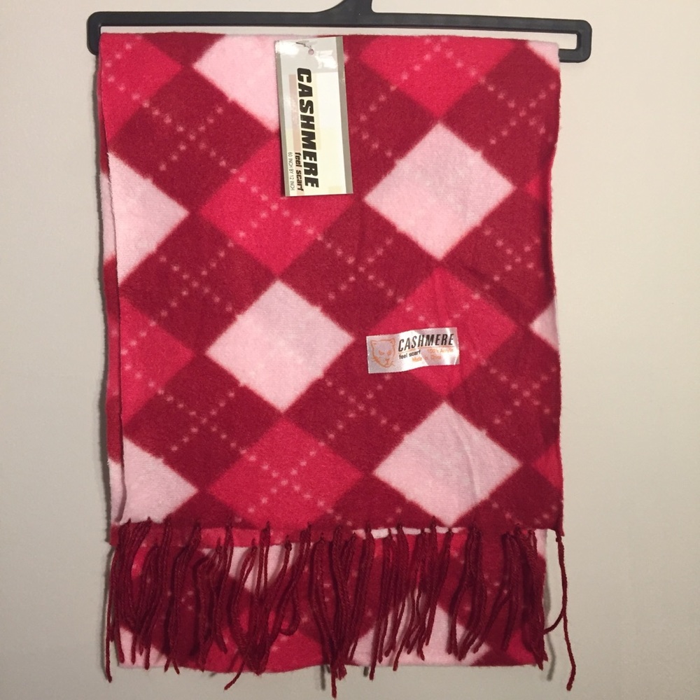 My products Red pink argyle scarf new 60” x 12”
